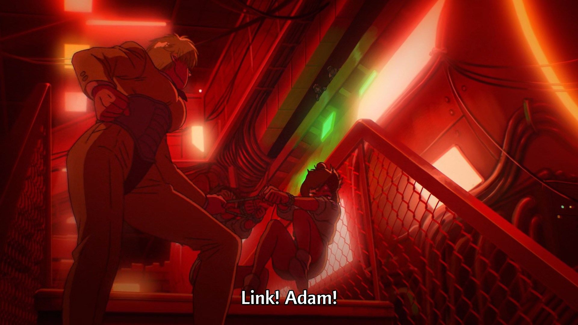 A big cyborg woman is dragging two young children with her through a factory floor. She calls them Link and Adam' 